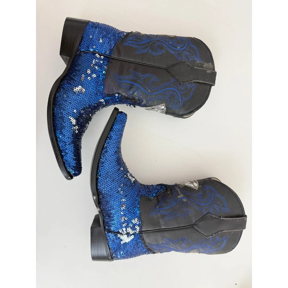 White Diamond Kids Blue Sequin Cowboy Boots Western Embroidered Pointed Toe 17